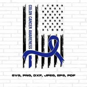 Colon Cancer Awareness Svg Png, Colon Cancer Awareness USA Flag Svg, Blue Ribbon Svg Cricut Sublimation Design