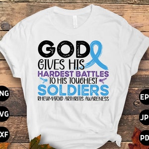 Reumatoïde artritis bewustzijn Svg Png, God geeft zijn moeilijkste gevechten aan zijn zwaarste soldaten Svg, Blauw Paars Lint Svg Png Sublimatie