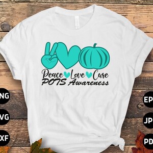 POTS Awareness Svg Png, Peace Love Cure Svg, POTS Syndrome Svg, Turquoise Ribbon Svg, Dysautonomia Awareness Svg Cricut Sublimation