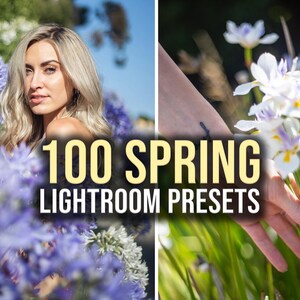 May include: A set of 100 Lightroom presets for spring photography. The presets are designed to enhance the colors and tones of your photos, giving them a warm and vibrant look. The image shows a woman standing in a field of purple flowers and a hand reaching for white flowers.