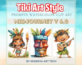 Watercolor Tiki Clipart Prompts | Midjourney v6 | Customizable Tiki Art Prompt | AI Art | Digital Art | AI Guide | Watercolor Tiki