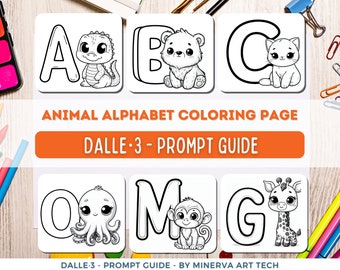 Pagina da colorare con alfabeto animale / Guida rapida di Dalle 3 / Libro da colorare AI per bambini / Guida rapida di Dalle 3 / chat gpt / Prompt personalizzabile