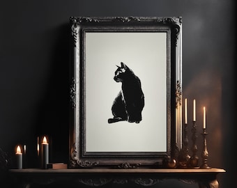 Halloween Black Cat Print, Printable Wall Art, Digital Download Poster, Spooky Home Decor, Gothic Wall Decor