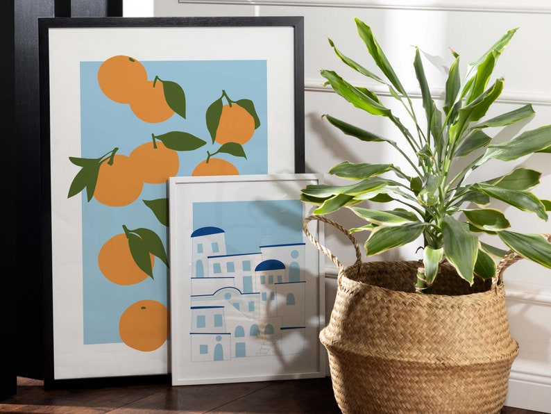 Wall Art Set of 2, Greek Motif Posters, Gallery Wall Bundle, 2 Piece Wall Art, Santorini Insipired, Tangerines, Greek Town, Digital Download image 5