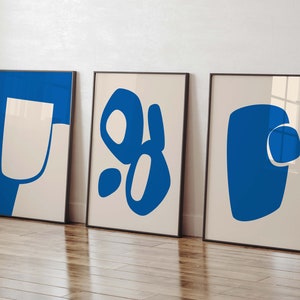Wall Art Set of 3, Abstract Modern Print, Blue & Beige Wall Decor, Printable Minimalist Poster, Digital Download, Abstract 3 Piece Wall Art