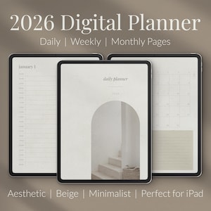 2026 Digital Planner PDF – Fully Dated Minimalist Beige Organizer with Linked Daily, Weekly, Monthly Pages for iPad & Android Tablets