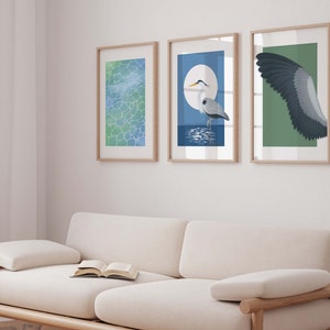 Wall Art Set of 3, Water Bird Posters, Gallery Wall Bundle, 3 Piece Wall Art, Bird, Heron, Bird Wing Art, Water, Digital Download image 2