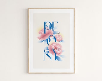 Wall Art: Peony Print, Printable Floral Poster, Typographic Wall Decor, Digital Download