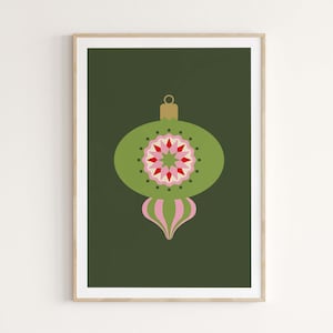 Wall Art: Pink and Green Christmas Printable Poster, Vintage Bauble, Festive Decoration, Holiday Printable Decor, Digital Download
