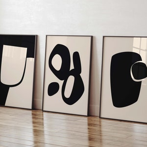 Wall Art Set of 3, Abstract Modern Print, Black & Beige Wall Decor, Printable Minimalist Poster, Digital Download, Abstract 3 Piece Wall Art