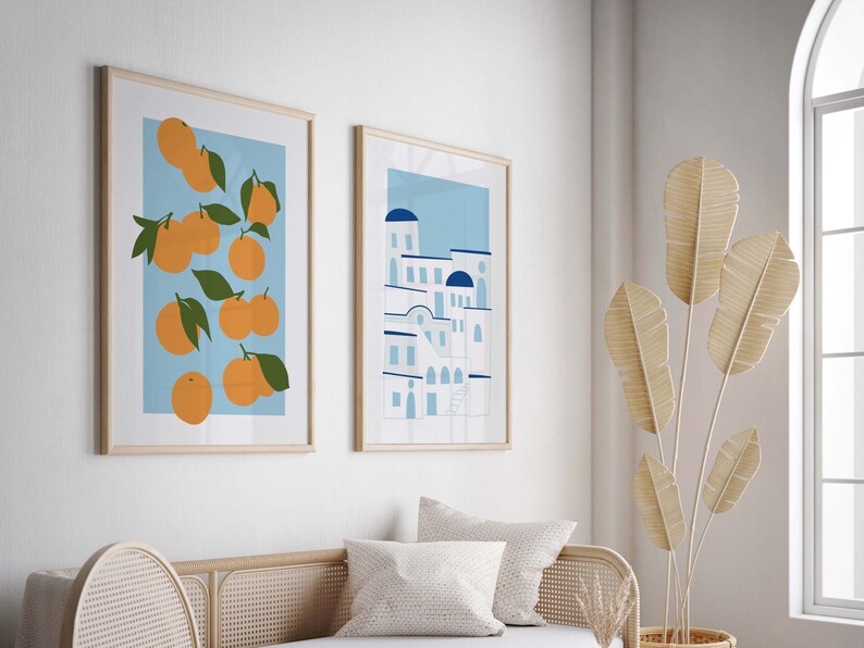 Wall Art Set of 2, Greek Motif Posters, Gallery Wall Bundle, 2 Piece Wall Art, Santorini Insipired, Tangerines, Greek Town, Digital Download image 2