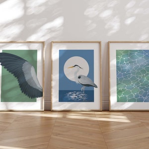 Wall Art Set of 3, Water Bird Posters, Gallery Wall Bundle, 3 Piece Wall Art, Bird, Heron, Bird Wing Art, Water, Digital Download image 1