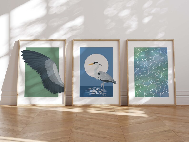 Wall Art Set of 3, Water Bird Posters, Gallery Wall Bundle, 3 Piece Wall Art, Bird, Heron, Bird Wing Art, Water, Digital Download image 1