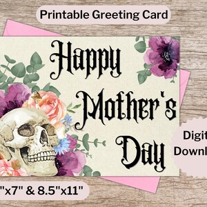 Tarjeta del Día de la Madre, Cráneo Floral, Gótico, Acuarela Floral, Imprimible, No Requiere Corte, Descarga Instantánea, 5x7, 8.5x11, Carta de EE.UU.