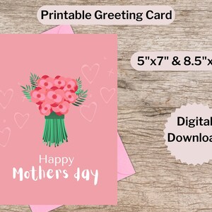Tarjeta del Día de la Madre, Ramo Rosa, Desenfadado, Imprimible, No requiere corte, Descarga instantánea, 5x7, 8.5x11, Carta de EE.UU.