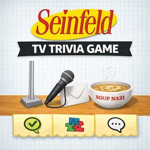 May include: A Seinfeld TV Trivia Game graphic with a microphone, envelope, and a bowl of soup labeled "Soup Nazi." The Seinfeld logo is in yellow and red. The words "TV Trivia Game" are in black.