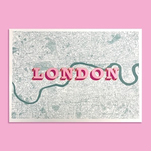 Sérigraphie 5 couleurs carte de Londres rose (petite)