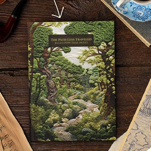 Woodland Wanderer, dark green nature journal is displayed on a wooden desk with a sherlock pipe and other cute vintage decor. This hardcover custom name notebook adds fun nature energy to your or a loved one's writing journey and hiking notes.