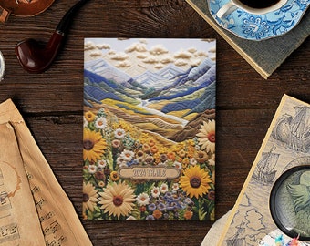 May include: A 2024 Trails calendar featuring a colorful embroidered illustration of a mountain landscape with a river flowing through a valley. The illustration is surrounded by a border of sunflowers and other wildflowers.