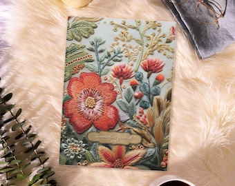 Wildflowers Embroidery Journal for Women | Green Personalized Hardcover Keepsake Journal | Earthy Custom Vintage Floral Notebook