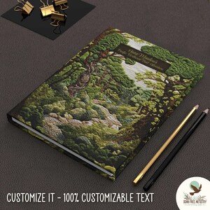 Woodland Wanderer, a whimsical woodland journal is a perfect custom forest gift for the nature gods and goddesses in your life. It graces a black desk alongside pencils, showcasing the Customize It option of this forest aesthetic journal.