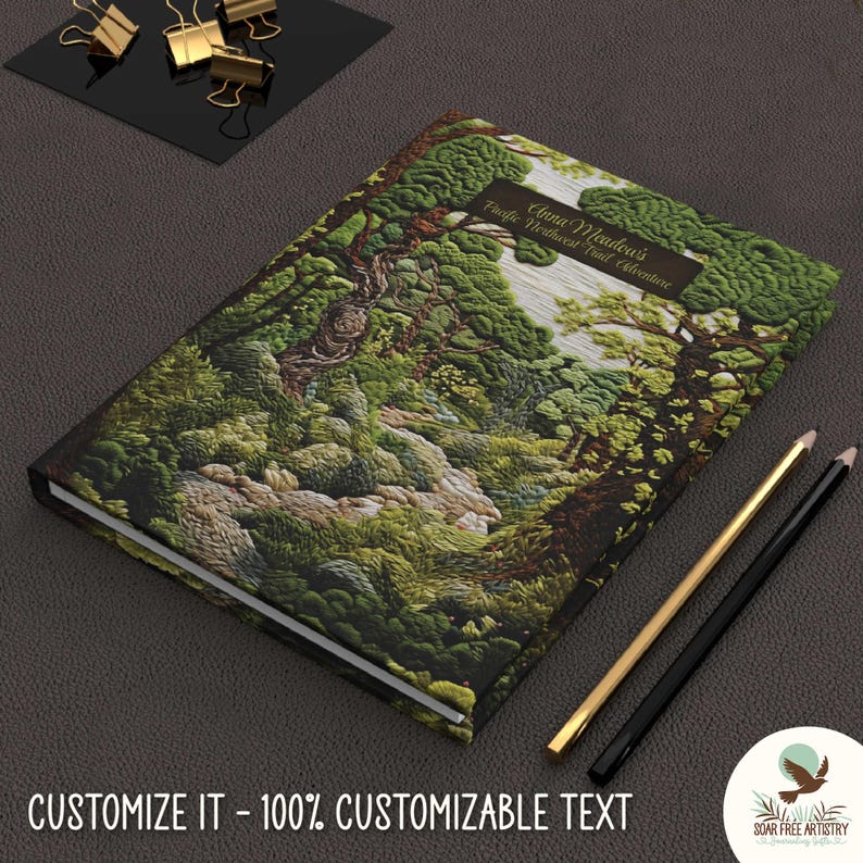Woodland Wanderer, a whimsical woodland journal is a perfect custom forest gift for the nature gods and goddesses in your life. It graces a black desk alongside pencils, showcasing the Customize It option of this forest aesthetic journal.