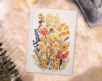 Brodé de fleurs sauvages jaunes | Carnets souvenirs floraux à couverture rigide personnalisés | Carnet Esthétique Fleur Nature Avril Mois De Naissance