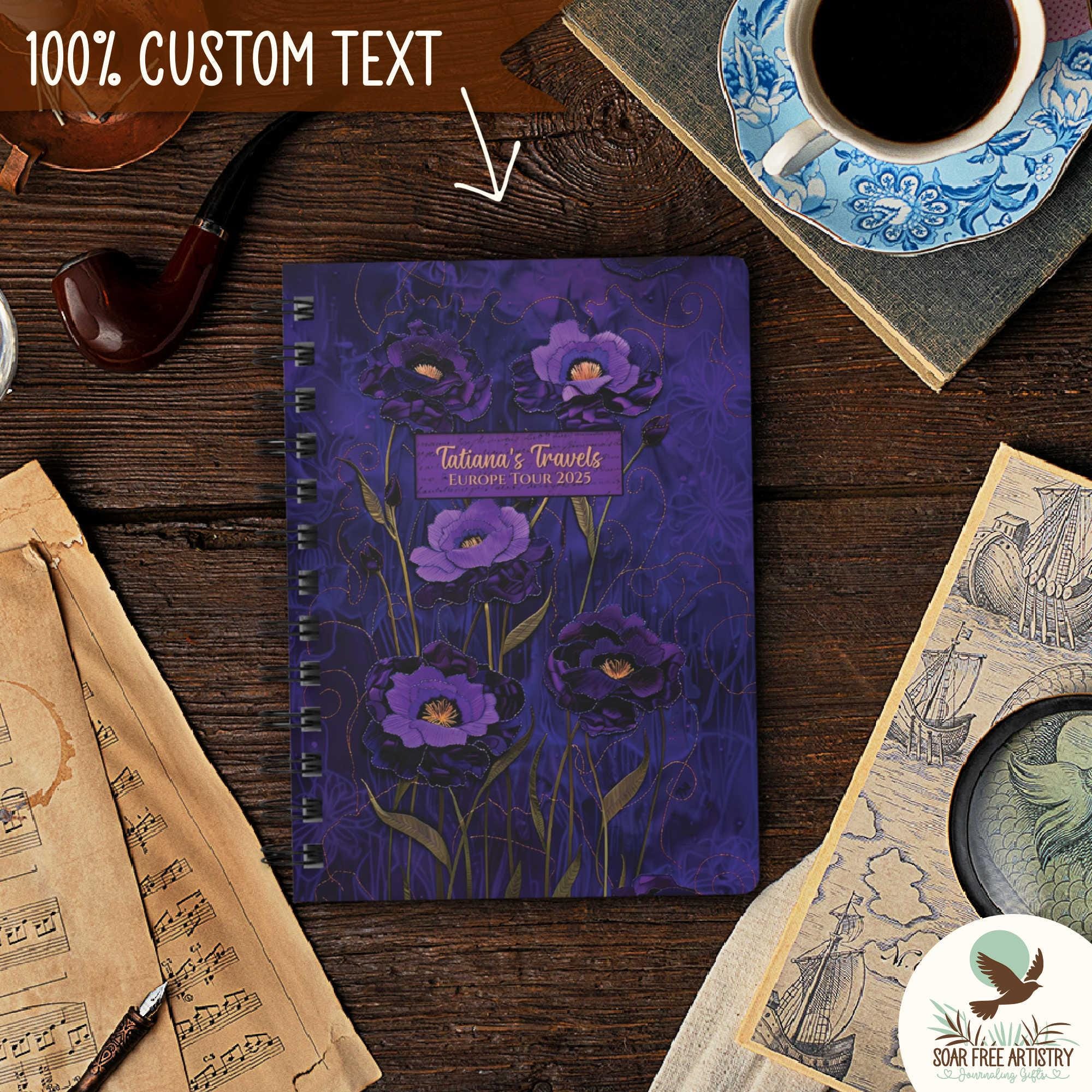 Notebook Design Color Violet Purple Flowers Spiral Notebook, Personalized Spiral Bound Violet Dark ...