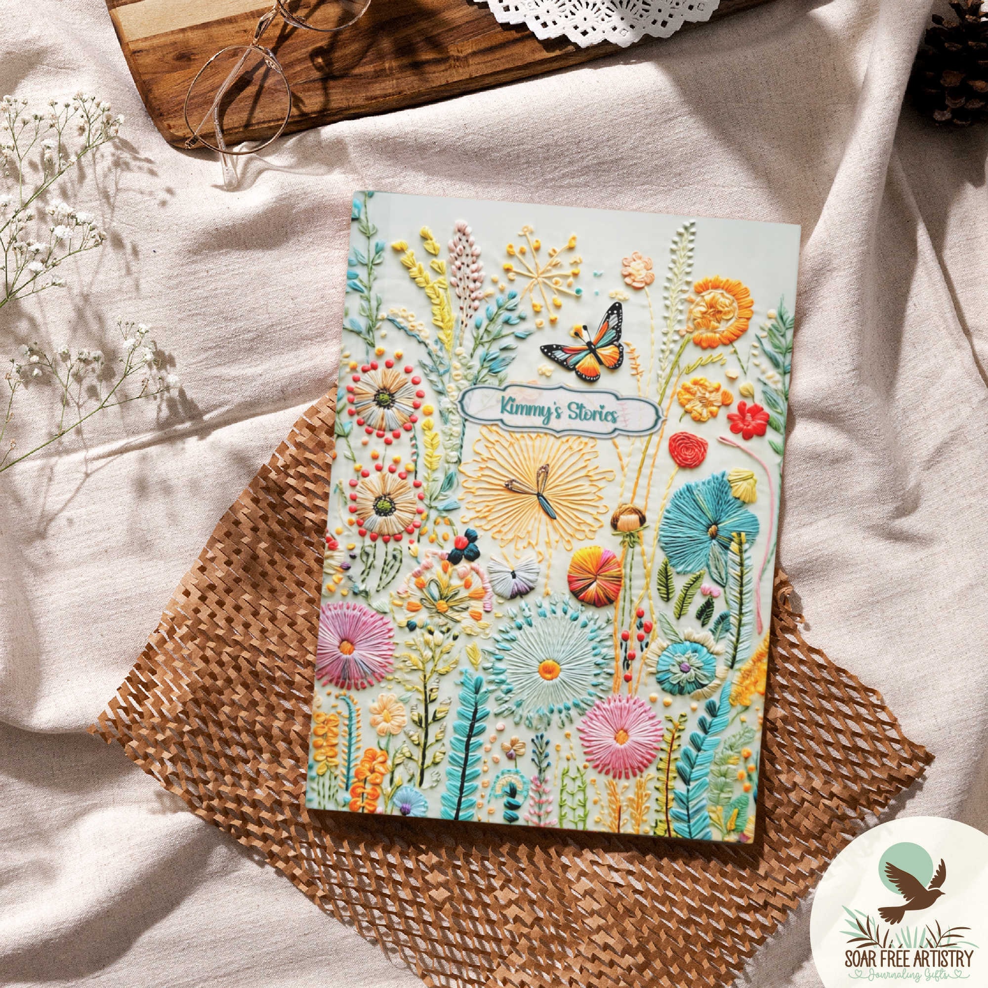 Personalized Rainbow Butterfly Journal for Girls, Cute Botanical Faux Embroidered Notebook, Pastel Butterfly Gifts for Niece, Printed