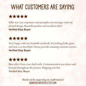 May include: Five-star reviews for a seller on Etsy. The reviews highlight the seller's responsiveness, product quality, and customer service. The text includes the phrase "Verified Etsy Buyer" and the website address "SOARFREEARTISTRY.ETSY.COM".