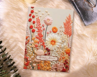 brodé de fleurs sauvages | Journal souvenir personnalisé Cottagecore pêche à couverture rigide | Esthétique Cottage | Carnet de notes fleuri vintage