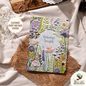 Journal de fleurs sauvages brodé imitation lavande, journal souvenir floral personnalisé, carnet esthétique vintage cottagecore botanique imprimé