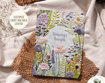 Lavender Faux Embroidered Wildflower Journal, Personalized Floral Keepsake Journal, Vintage Botanical Cottagecore Aesthetic Notebook PRINTED