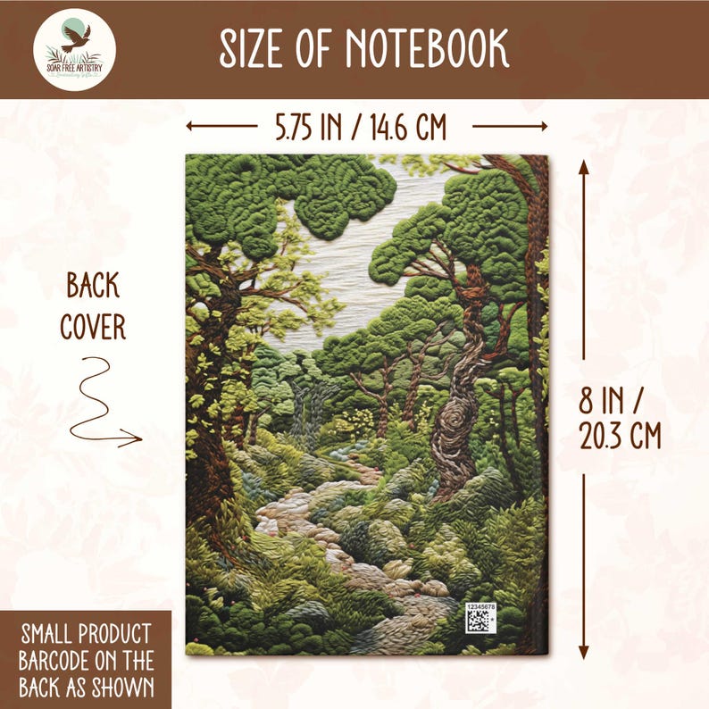 Showcasing the beautiful back cover that has a very small barcode on the back right. My forest art journal gift showcased with dimensions. It is 5.75 IN x 8 in, 14.6 x 20.3 cm.
