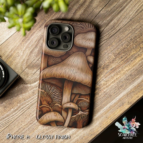 Mushroom Phone Case, 3D Toadstools, "Mushroom Medley" A Natural Aesthetic Cool 3D Realistic Monochrome Samsung, Pixel, iPhone Tough Cases