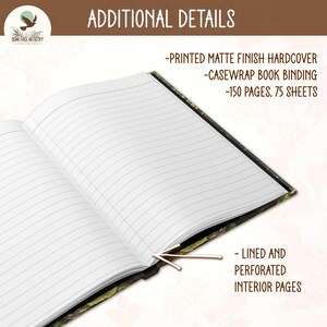 Display of the interior of this whimsical woodland journal against a floral background showing the interior 150 smooth lined pages, 75 sheets, and lay-flat casewrap binding. It also has perforated pages for convenient removal.