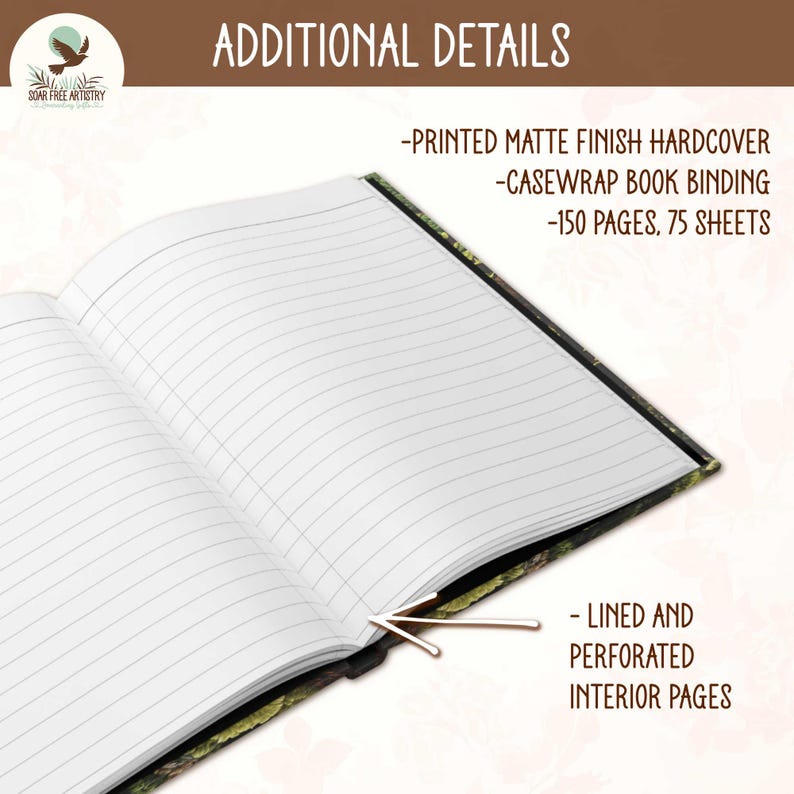 Display of the interior of this whimsical woodland journal against a floral background showing the interior 150 smooth lined pages, 75 sheets, and lay-flat casewrap binding. It also has perforated pages for convenient removal.