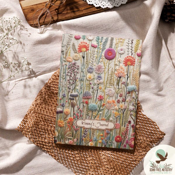 Vintage Wildflower Faux Embroidered Journal | Personalized Floral Keepsake Journals Botanical Flower Nature Aesthetic Notebook PRINTED
