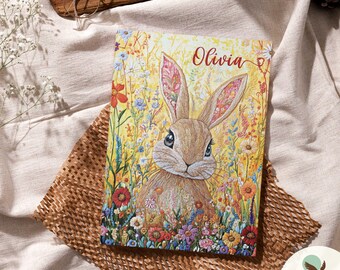 Rabbit Journal for Girls, Personalized Bunny & Wildflowers Writing Journal Gift from Aunt, Custom Printed Faux Embroidered Notebook