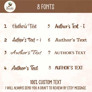Display of 8 font choices to personalize these hardcover forest journal covers. Eight different fonts are shown, offering a range of styles for customization and added personality: 4 script, 2 sentence case, 2 all caps.