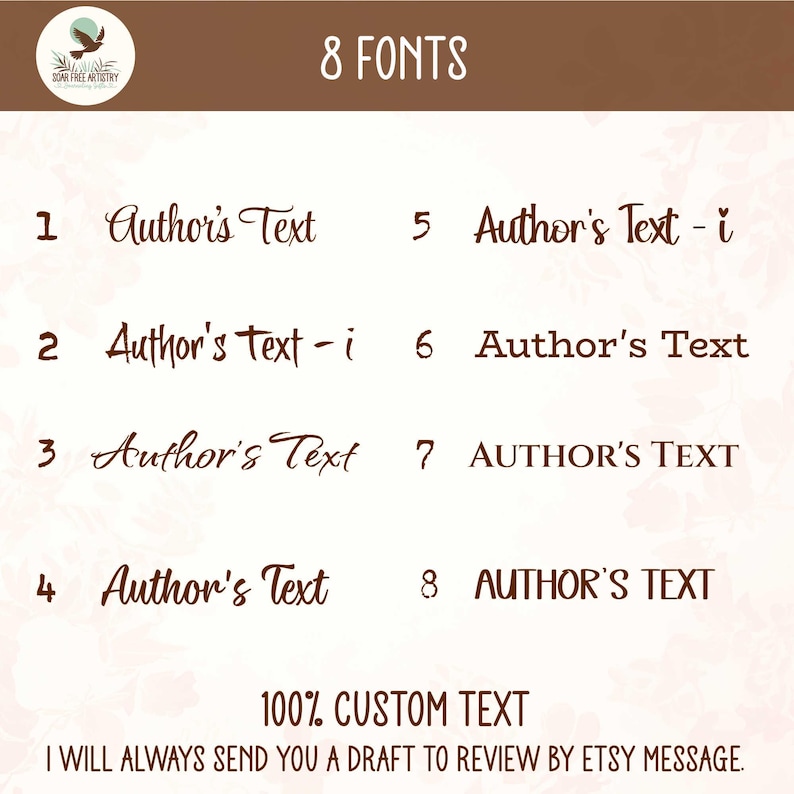 Display of 8 font choices to personalize these hardcover forest journal covers. Eight different fonts are shown, offering a range of styles for customization and added personality: 4 script, 2 sentence case, 2 all caps.