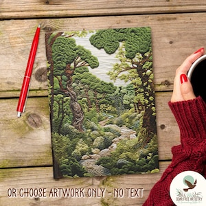 Woodland Wanderer, dark green forest aesthetic journal is displayed on a rustic table, next to a woman cupping her coffee, showcasing the non-customized, artwork only, option of this journal, where there is no text added.