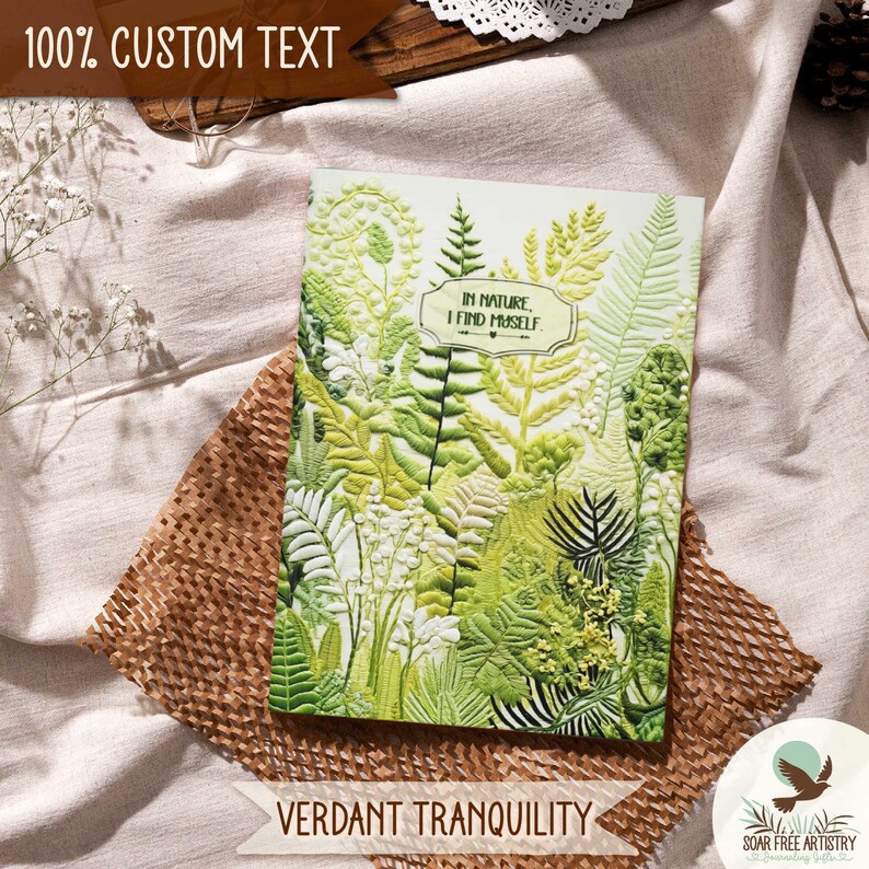 4 of 5 Forest fern journal gifts, personalized notebooks, with my visually textured artwork on the cover. Introducing, Verdant Tranquility, a light green ferns journal with a white background, which is displayed on a beige outdoor picnic blanket.