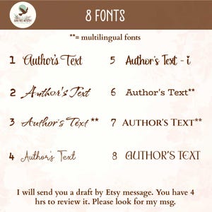 Display of 8 font choices to customize this beautiful forest ferns journal cover. Eight different fonts offer a range of styles for customization and added personality: 4 script, 2 all caps, 2 sentence case.