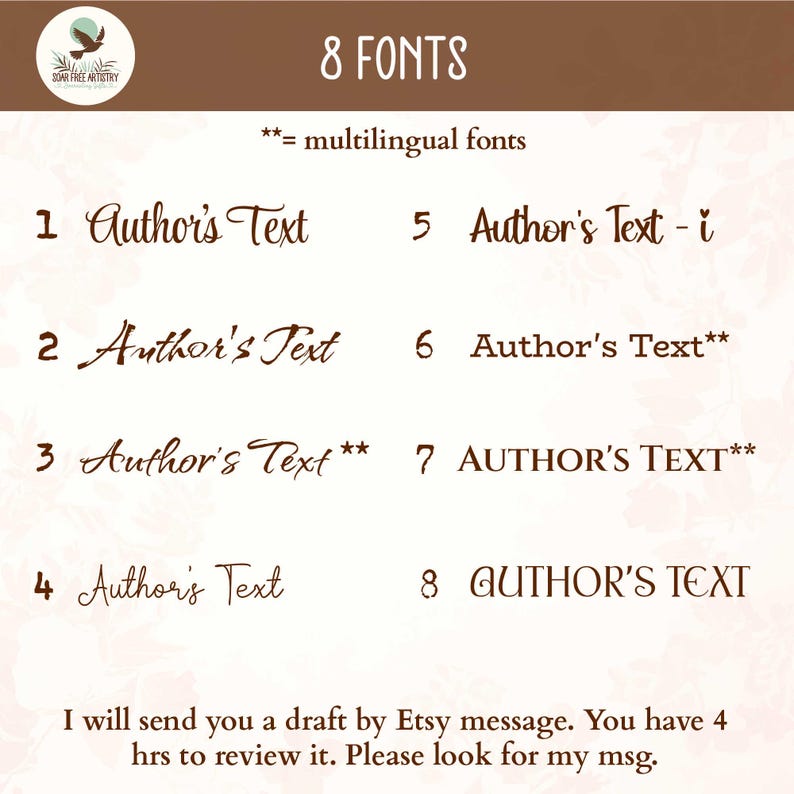 Display of 8 font choices to customize this beautiful forest ferns journal cover. Eight different fonts offer a range of styles for customization and added personality: 4 script, 2 all caps, 2 sentence case.