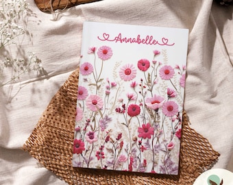 Pink Wildflower Journal | Personalized Hardcover Flower Journals | Vintage Floral Aesthetic Notebook | Faux Embroidered Design