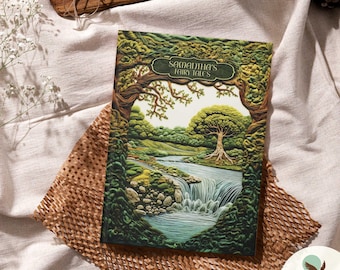 May include: A book cover with a green, leafy background and a heart-shaped frame. The book title is "Samantha's Fairy Tales" and the cover features a waterfall and a river flowing through a forest.