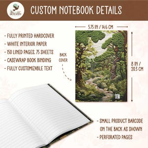 These personalized rustic forest green nature journals are sized: 5.75 IN x 8 in, 14.6 x 20.3 cm. They have a beautiful full color, printed matte finish hardcover, white, lined interior paper, 150 pages, 75 sheets, casewrap book binding, 100 percent customizable text, and perforated pages.