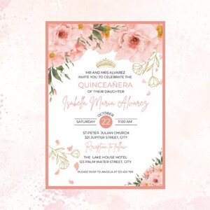 Quinceañera Digital Invitation Sweet 15/Editable XV Birthday Invite Template/ Blush Pink Floral Quince Instant Download PDF