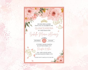 Digitale Einladung Sweet 15 / bearbeitbare XV-Geburtstags-Einladungsvorlage / Blush Pink Floral Quince Instant Download PDF